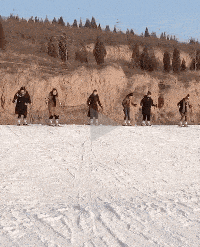 集体滑雪，无一例外全部摔倒