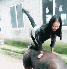妹子真调皮，敢骑在猪背上玩
